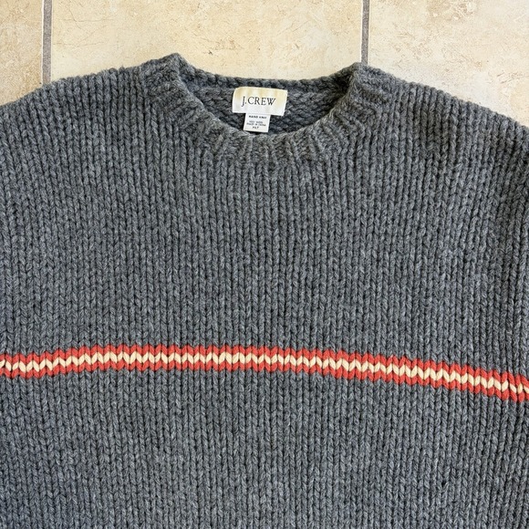 J Crew Sweater Men XL Tall XLT Gray Striped Heavy Chunky Hand Knit Wool Crewneck - Picture 2 of 6